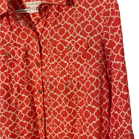 Charter Club 100% LINEN Button Down Shirt Long Roll Tab Sleeve Orange & White - Picture 2 of 4